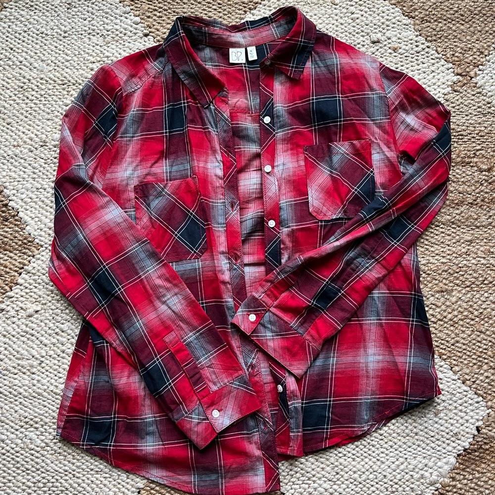 Red and Dark Blue Plaid Button-Up Shirt